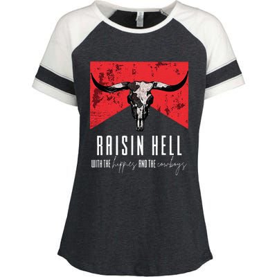 Raisinghell With The Hippies And Cowboys Western Cowhide Enza Ladies Jersey Colorblock Tee