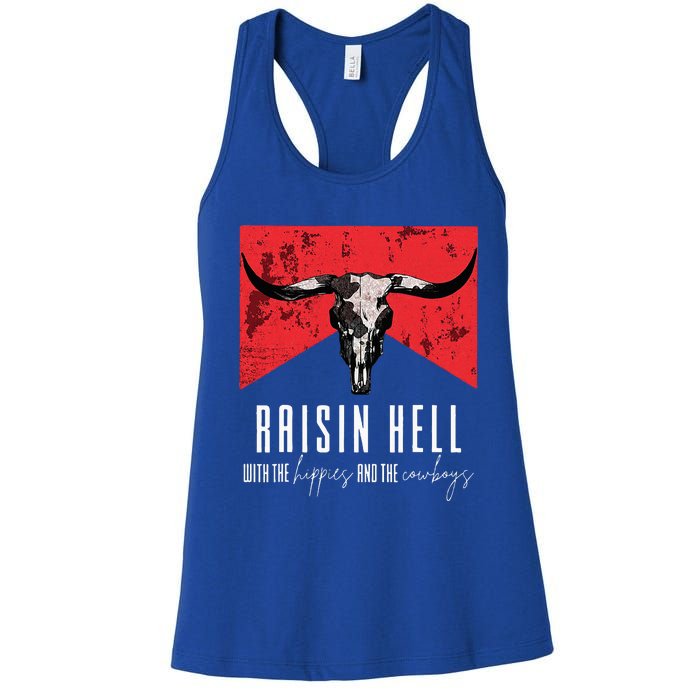 Raisinghell With The Hippies And Cowboys Western Cowhide Women's Racerback Tank