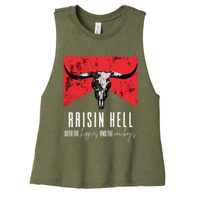 Raisinghell With The Hippies And Cowboys Western Cowhide Women's Racerback Cropped Tank