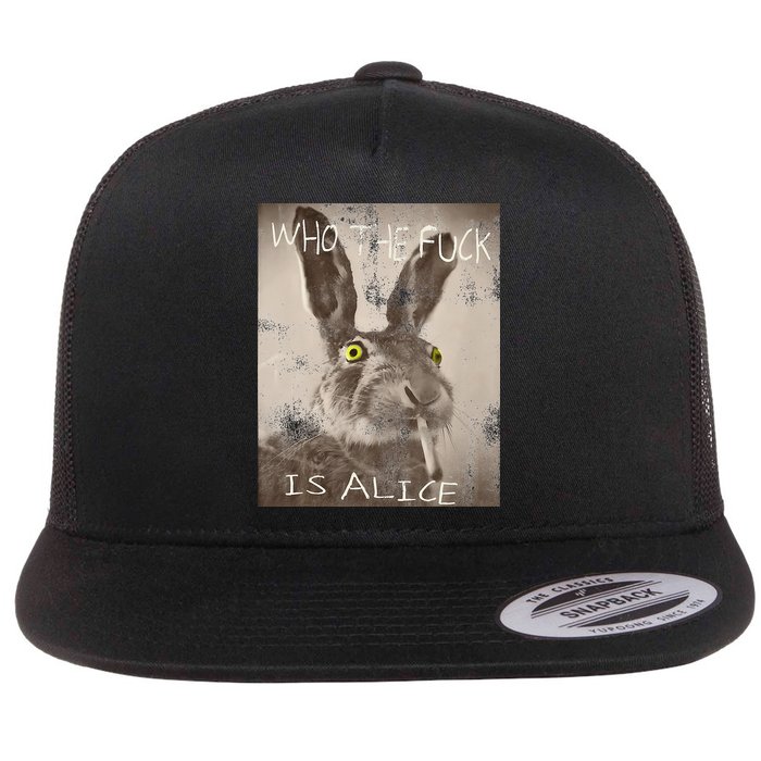 Retro Who The Fck Is Alice Funny Rabbit Flat Bill Trucker Hat