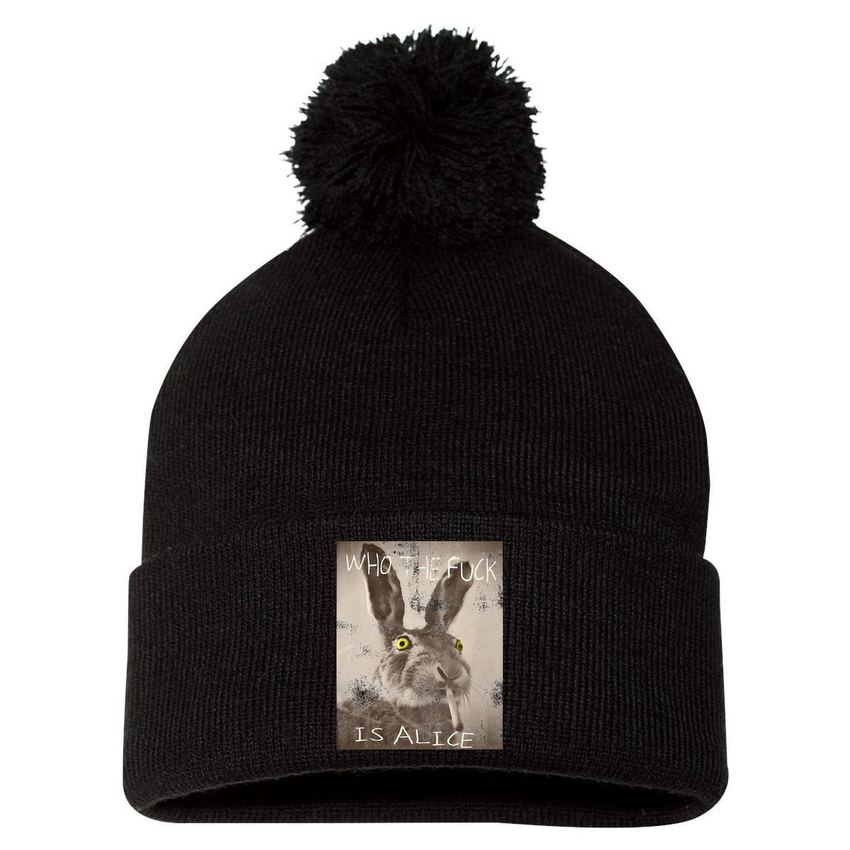 Retro Who The Fck Is Alice Funny Rabbit Pom Pom 12in Knit Beanie