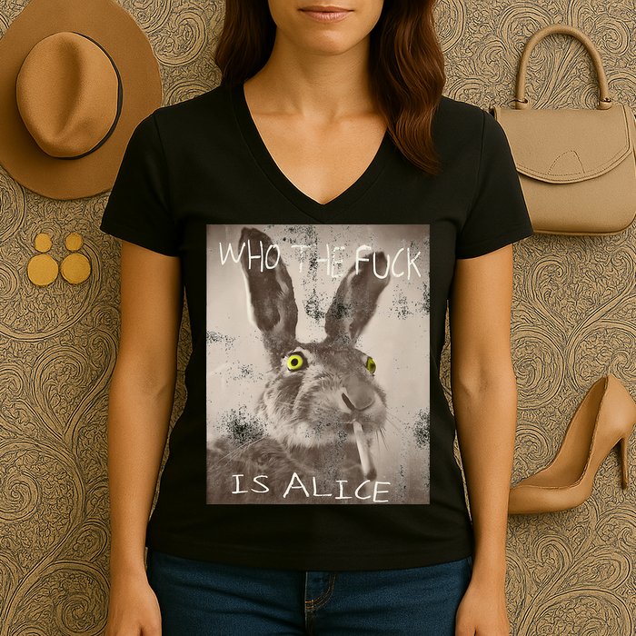 Retro Who The Fck Is Alice Funny Rabbit Women's V-Neck T-Shirt