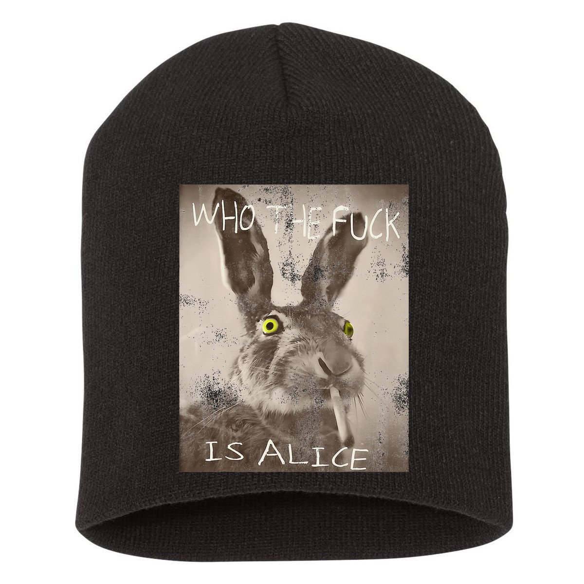 Retro Who The Fck Is Alice Funny Rabbit Short Acrylic Beanie