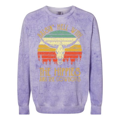 Raisinghell With The Hippies And Cowboys Western Cowhide Colorblast Crewneck Sweatshirt