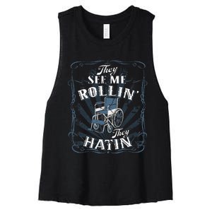 retro Wheelchair They See Me Rollin They Hatin  Women's Racerback Cropped Tank