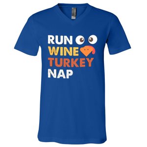 Run Wine Turkey Nap Funny Thanksgiving Dinner Trot Day Gift Great Gift V-Neck T-Shirt