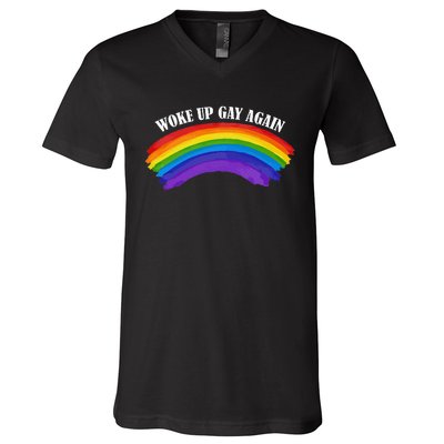 Retro Woke Up Gay Again Rainbow Lgbtq V-Neck T-Shirt