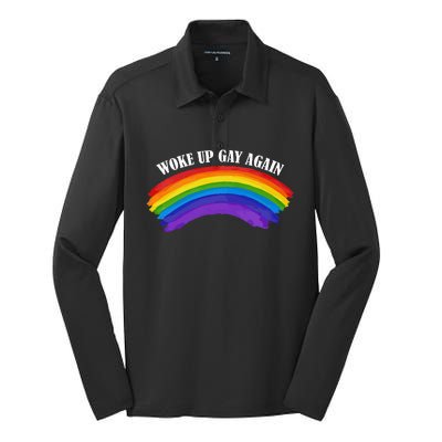 Retro Woke Up Gay Again Rainbow Lgbtq Silk Touch Performance Long Sleeve Polo