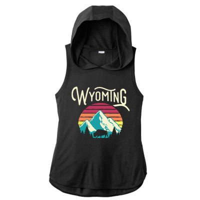 Retro Wyoming WY Mountains State Wildlife Ladies PosiCharge Tri-Blend Wicking Draft Hoodie Tank