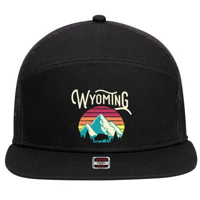 Retro Wyoming WY Mountains State Wildlife 7 Panel Mesh Trucker Snapback Hat