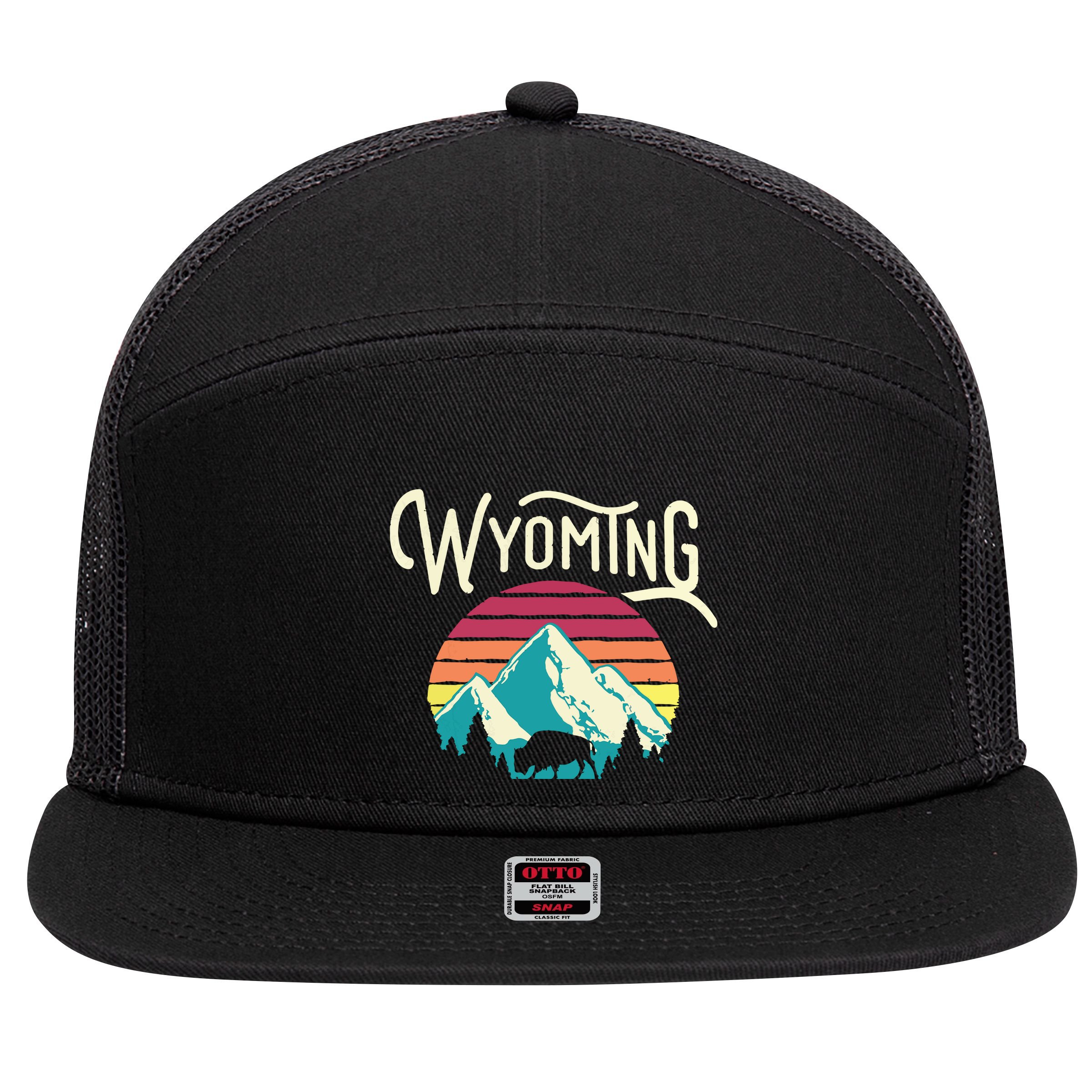 Retro Wyoming WY Mountains State Wildlife 7 Panel Mesh Trucker Snapback Hat