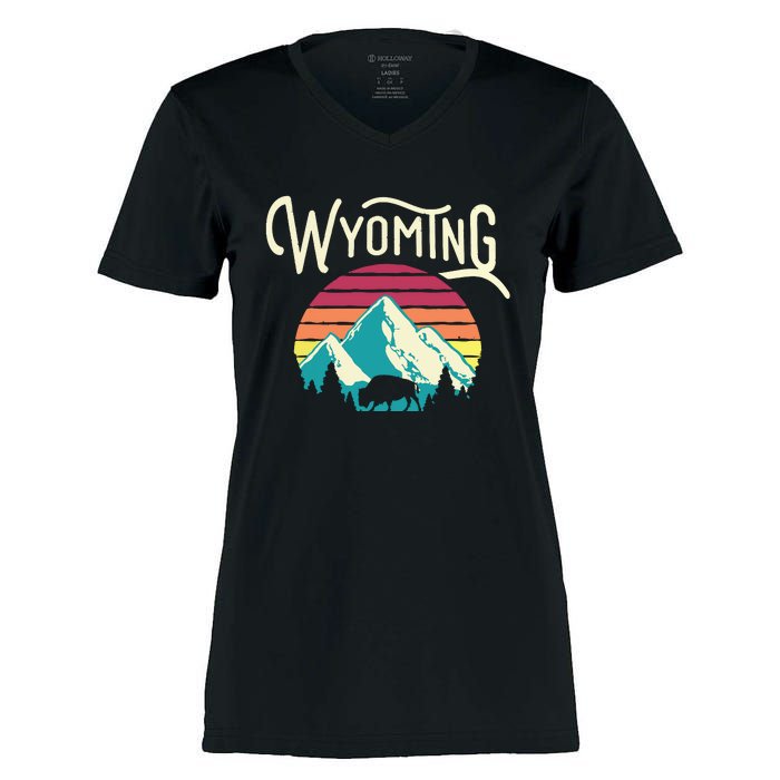 Retro Wyoming WY Mountains State Wildlife Women's Momentum V-Neck T-Shirt