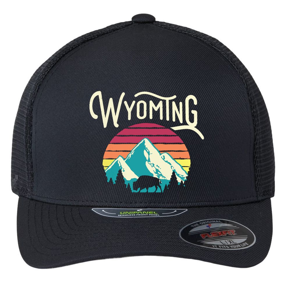 Retro Wyoming WY Mountains State Wildlife Flexfit Unipanel Trucker Cap