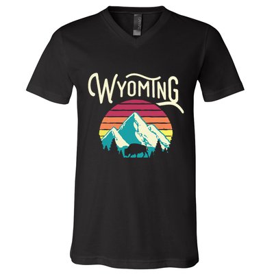 Retro Wyoming WY Mountains State Wildlife V-Neck T-Shirt