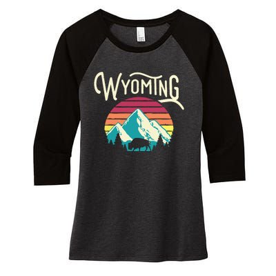 Retro Wyoming WY Mountains State Wildlife Women's Tri-Blend 3/4-Sleeve Raglan Shirt