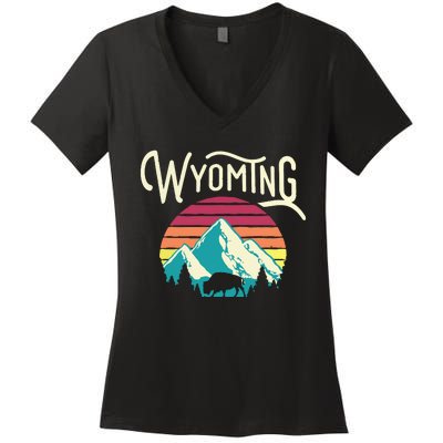 Retro Wyoming WY Mountains State Wildlife Women's V-Neck T-Shirt