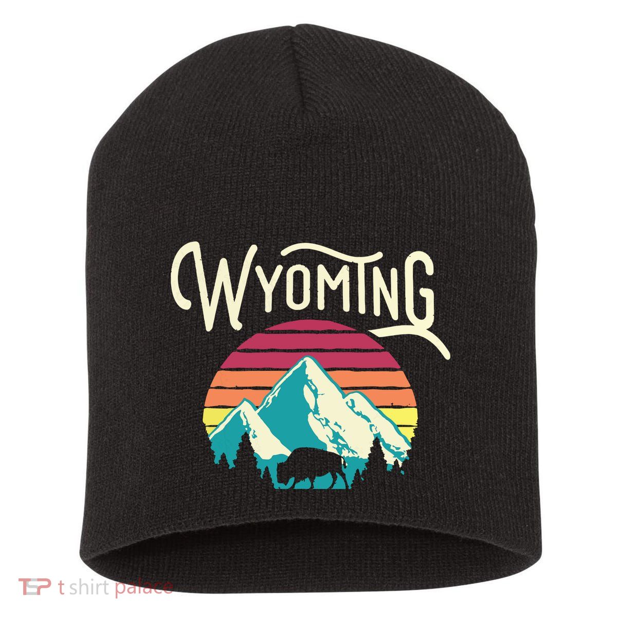 Retro Wyoming WY Mountains State Wildlife Short Acrylic Beanie