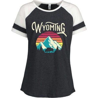 Retro Wyoming WY Mountains State Wildlife Enza Ladies Jersey Colorblock Tee