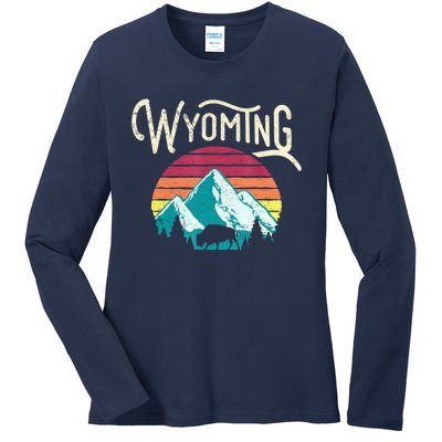 Retro Wyoming, WY Mountains State Wildlife Gift Ladies Long Sleeve Shirt