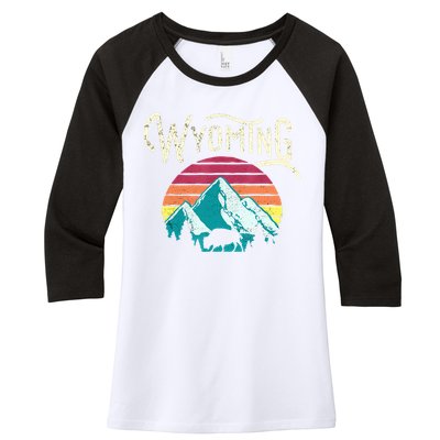 Retro Wyoming, WY Mountains State Wildlife Gift Women's Tri-Blend 3/4-Sleeve Raglan Shirt