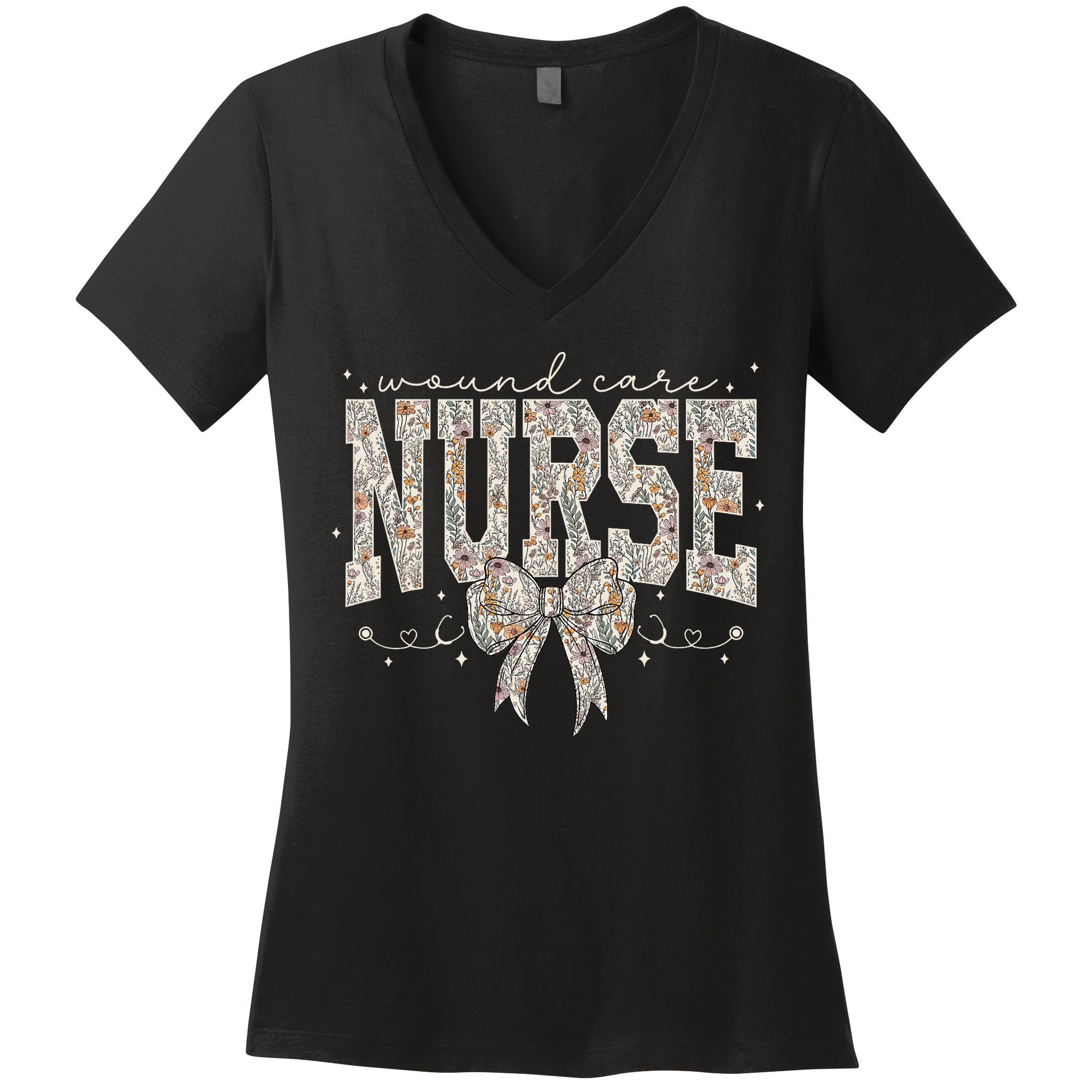 Retro Wildflower Wound Care Nurse Coquette Bow WOCN Nursing Women's V-Neck T-Shirt