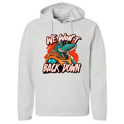 Retro We WonT Back Down Blue And Orange Gator Performance Fleece Hoodie