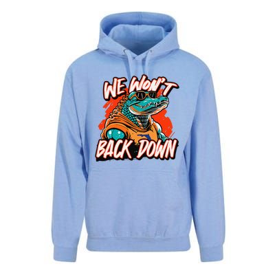 Retro We WonT Back Down Blue And Orange Gator Unisex Surf Hoodie