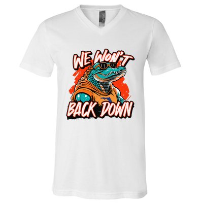 Retro We WonT Back Down Blue And Orange Gator V-Neck T-Shirt