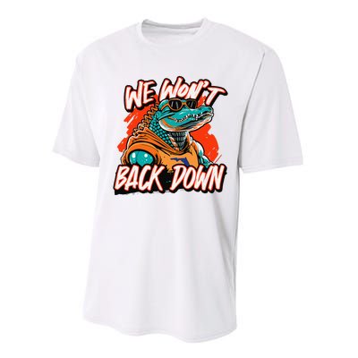 Retro We WonT Back Down Blue And Orange Gator Performance Sprint T-Shirt