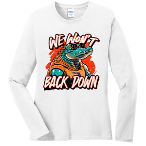 Retro We WonT Back Down Blue And Orange Gator Ladies Long Sleeve Shirt