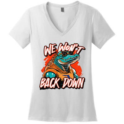 Retro We WonT Back Down Blue And Orange Gator Women's V-Neck T-Shirt