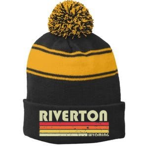 Riverton Wy Wyoming Funny City Home Roots Gift Retro 70s 80s Stripe Pom Pom Beanie