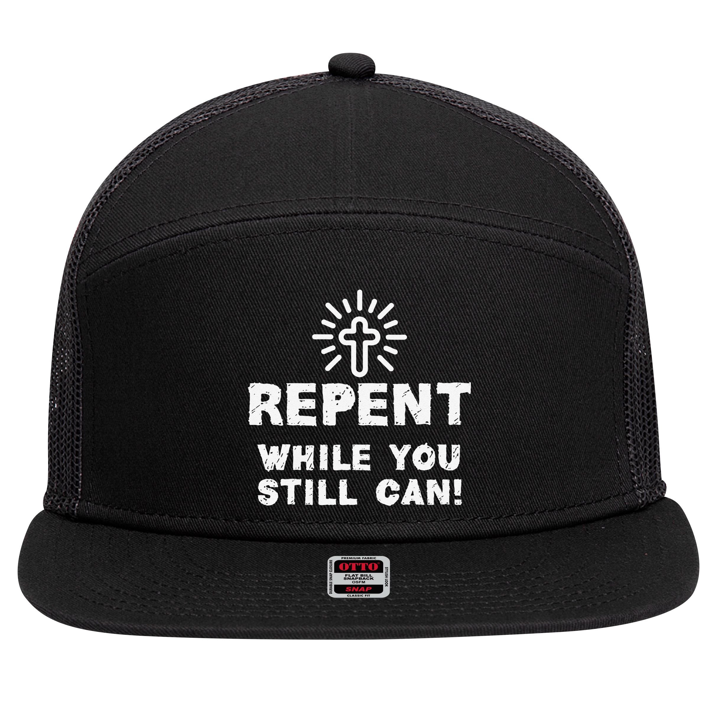Repent While You Still Can! Christian (White) 7 Panel Mesh Trucker Snapback Hat