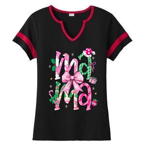 Retro Xmas Mama Coquette Bows Christmas Pajamas Gift Ladies Halftime Notch Neck Tee