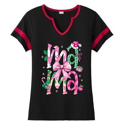 Retro Xmas Mama Coquette Bows Christmas Pajamas Gift Ladies Halftime Notch Neck Tee