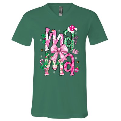 Retro Xmas Mama Coquette Bows Christmas Pajamas Gift V-Neck T-Shirt