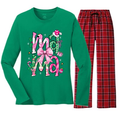 Retro Xmas Mama Coquette Bows Christmas Pajamas Gift Women's Long Sleeve Flannel Pajama Set 