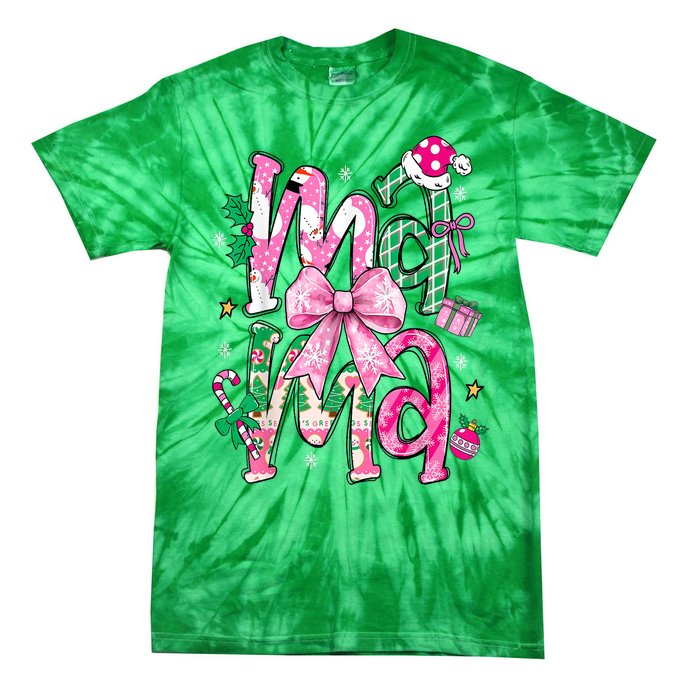 Retro Xmas Mama Coquette Bows Christmas Pajamas Gift Tie-Dye T-Shirt