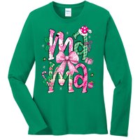 Retro Xmas Mama Coquette Bows Christmas Pajamas Gift Ladies Long Sleeve Shirt