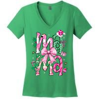 Retro Xmas Mama Coquette Bows Christmas Pajamas Gift Women's V-Neck T-Shirt