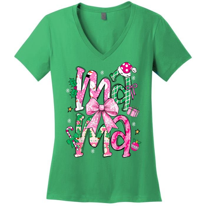 Retro Xmas Mama Coquette Bows Christmas Pajamas Gift Women's V-Neck T-Shirt