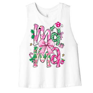 Retro Xmas Mama Coquette Bows Christmas Pajamas Gift Women's Racerback Cropped Tank