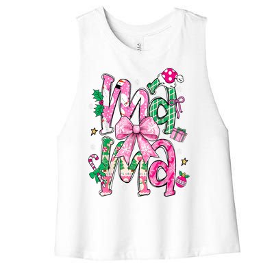 Retro Xmas Mama Coquette Bows Christmas Pajamas Gift Women's Racerback Cropped Tank