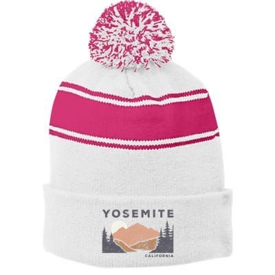 Retro Yosemite California Established 1890 National Park Stripe Pom Pom Beanie