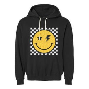 Retro Yellow Happy Face Checkered Pattern Smile Face Trendy Garment-Dyed Fleece Hoodie