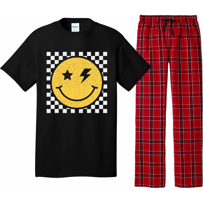 Retro Yellow Happy Face Checkered Pattern Smile Face Trendy Pajama Set