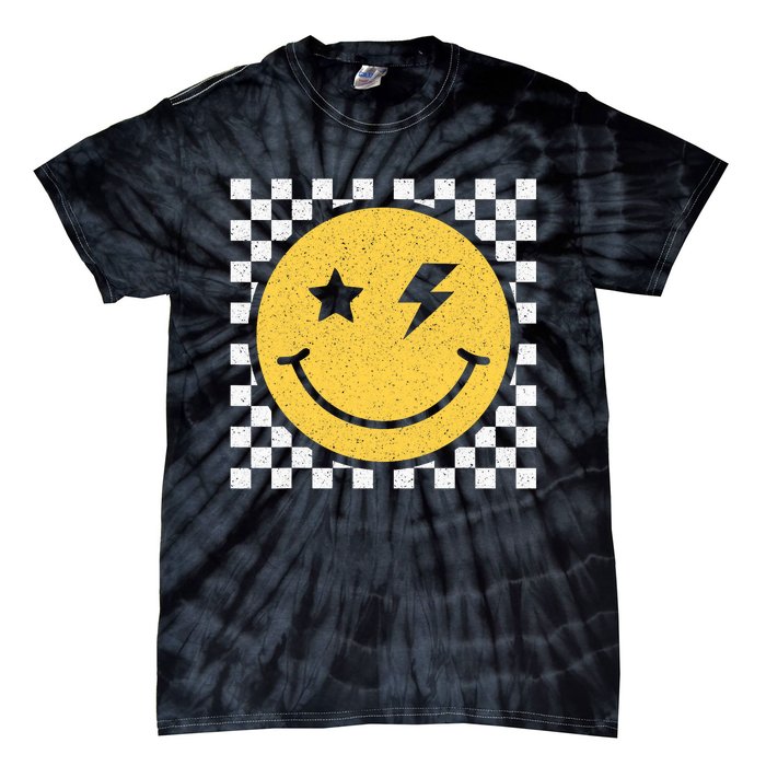 Retro Yellow Happy Face Checkered Pattern Smile Face Trendy Tie-Dye T-Shirt