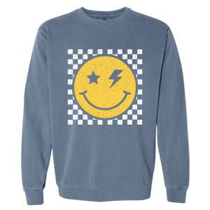 Retro Yellow Happy Face Checkered Pattern Smile Face Trendy Garment-Dyed Sweatshirt