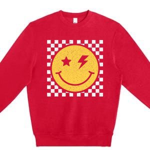 Retro Yellow Happy Face Checkered Pattern Smile Face Trendy Premium Crewneck Sweatshirt