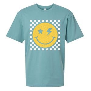 Retro Yellow Happy Face Checkered Pattern Smile Face Trendy Sueded Cloud Jersey T-Shirt